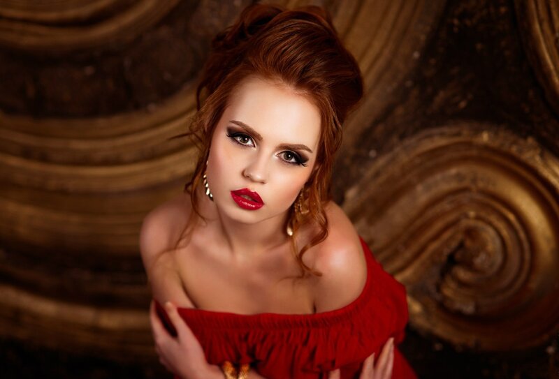 Woman in Red Dress — Dramatic, Photograph, Makeup, Earrings