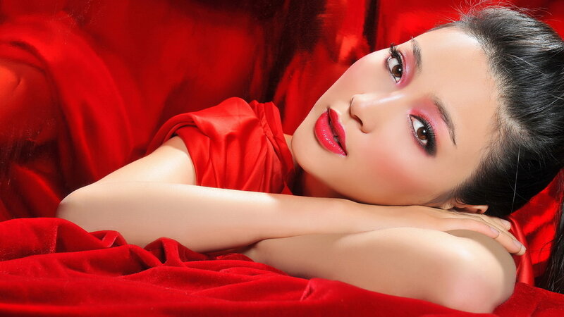 Woman in Red Dress — Dramatic, Photograph, Makeup, Pillow