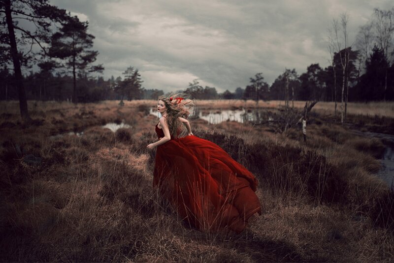 Woman in Red Dress — Dramatic, Photograph, Marsh