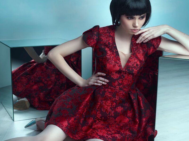Woman in Red Dress — Dramatic, Photograph, Mirror, Floor