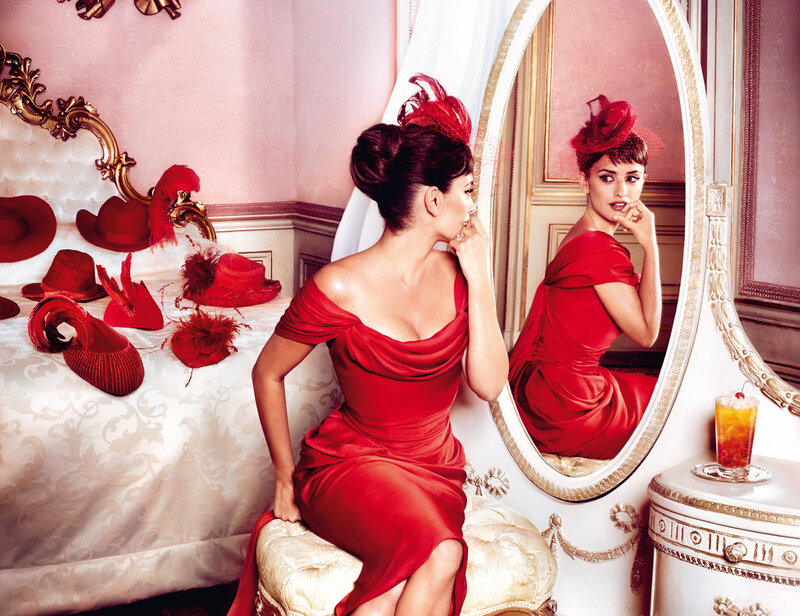 Woman in Red Dress — Dramatic, Photograph, Mirror, Hats