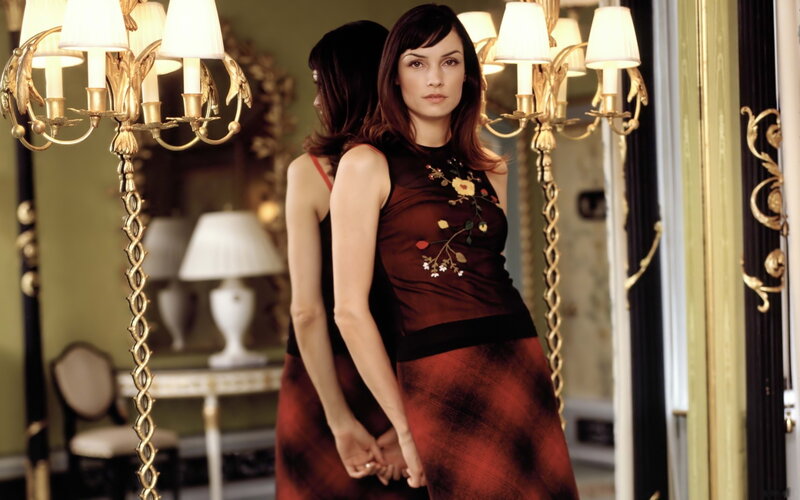 Woman in Red Dress — Dramatic, Photograph, Mirror, Lamp
