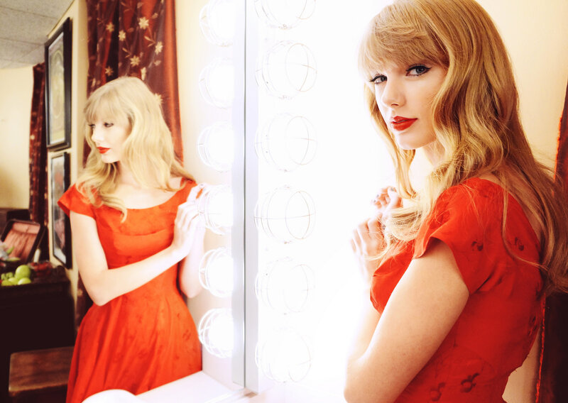 Woman in Red Dress — Dramatic, Photograph, Mirror, Light Bulbs