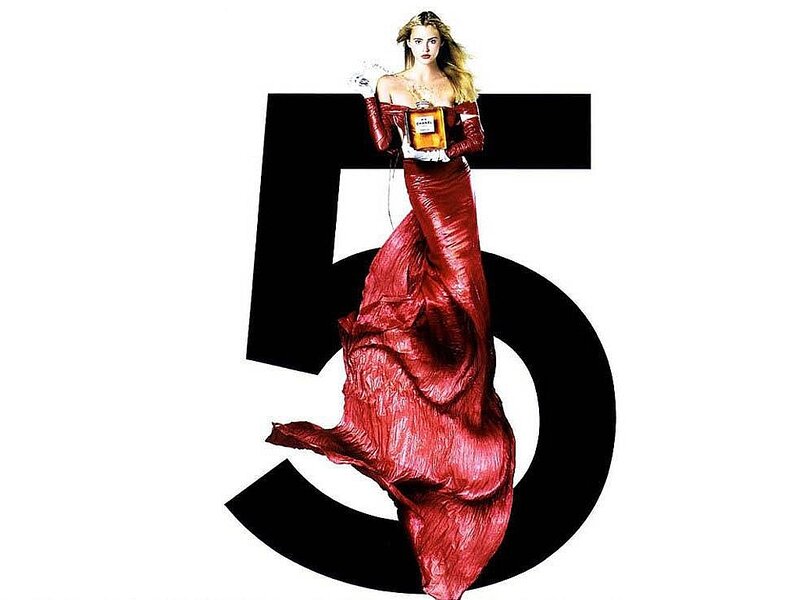 Woman in Red Dress — Dramatic, Photograph, Perfume Bottle, Number Five