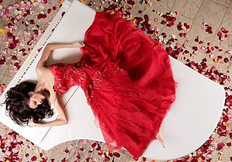 Woman in Red Dress — Dramatic, Photograph, Piano