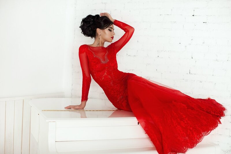 Woman in Red Dress — Dramatic, Photograph, Piano, Wall