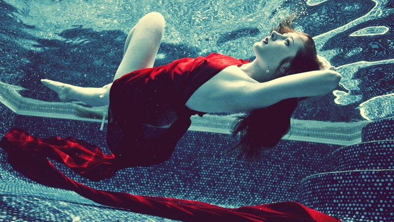Woman in Red Dress — Dramatic, Photograph, Pool, Underwater