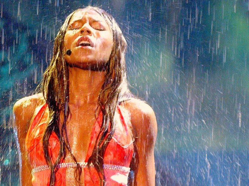 Woman in Red Dress — Dramatic, Photograph, Rain, Stage