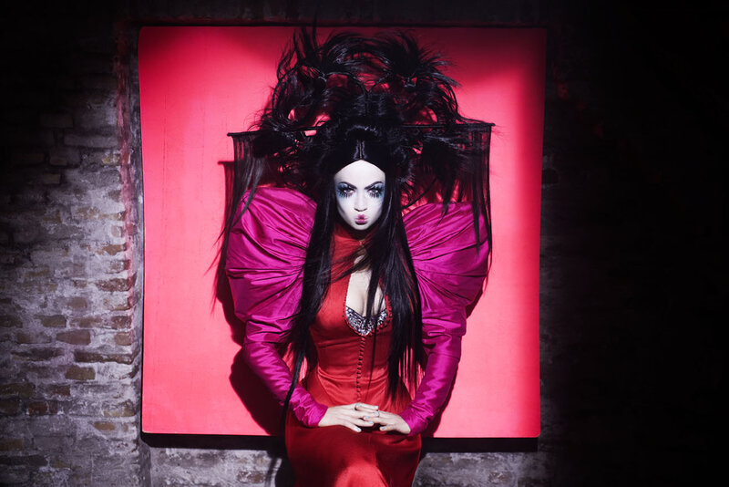 Woman in Red Dress — Dramatic, Photograph, Red Backdrop