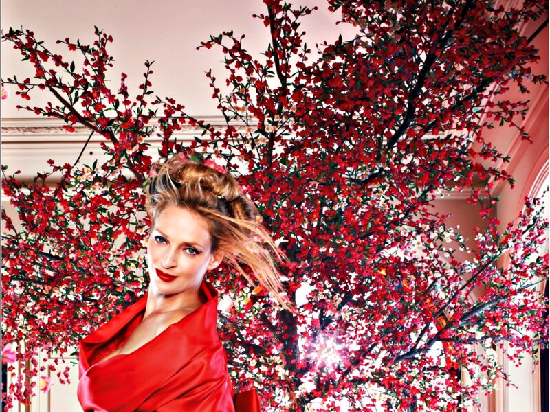 Woman in Red Dress — Dramatic, Photograph, Red Flowers, Tree