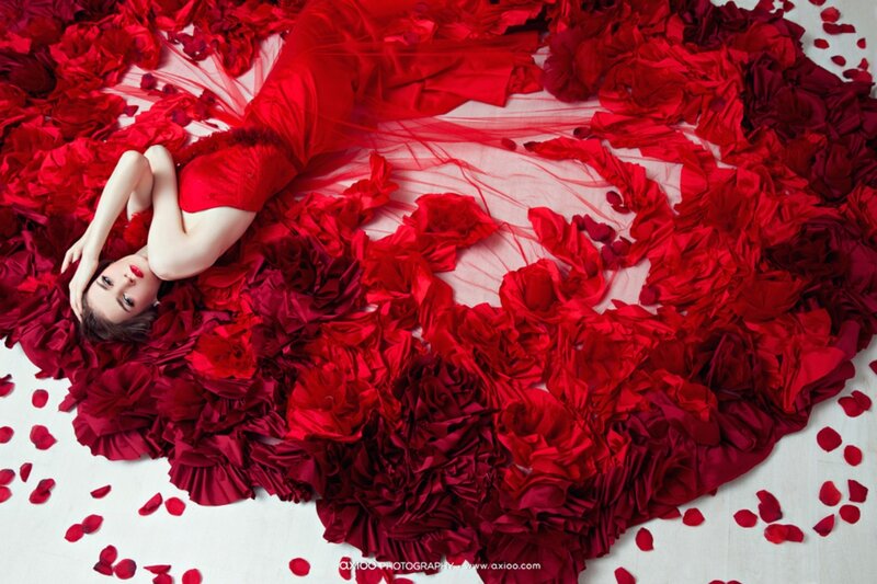 Woman in Red Dress — Dramatic, Photograph, Red Petals