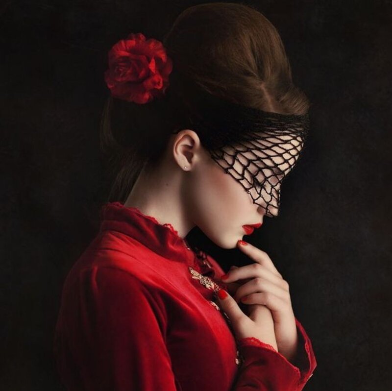 Woman in Red Dress — Dramatic, Photograph, Red Rose, Fishnet Veil