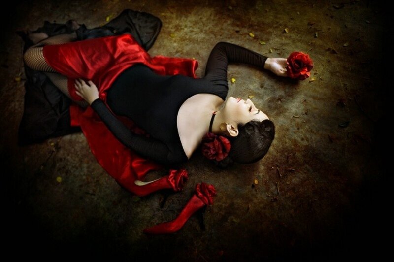 Woman in Red Dress — Dramatic, Photograph, Red Rose