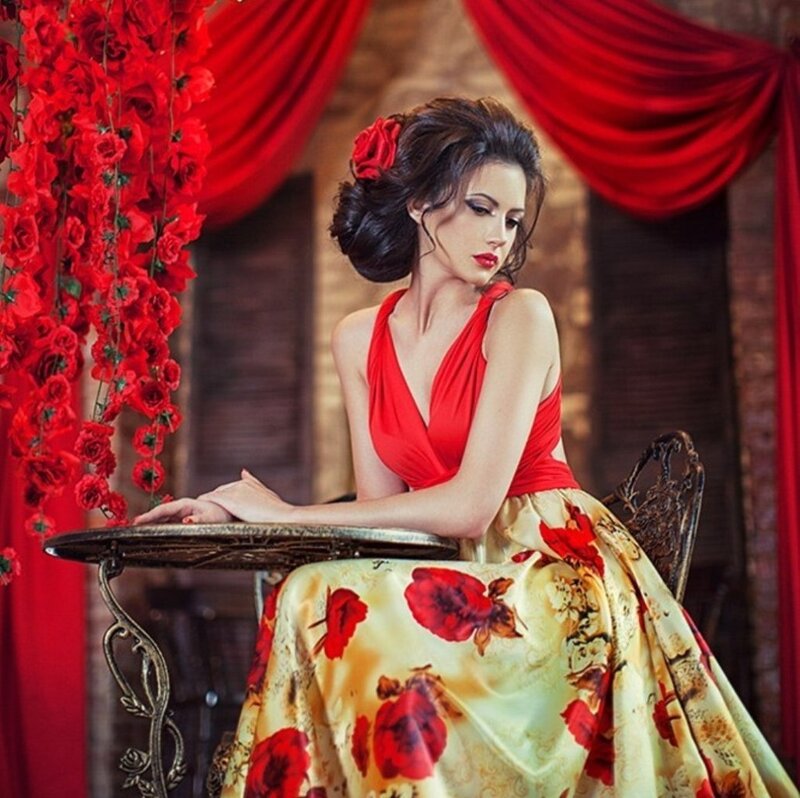 Woman in Red Dress — Dramatic, Photograph, Red Roses, Table