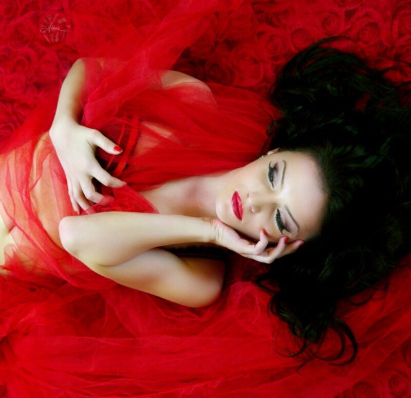 Woman in Red Dress — Dramatic, Photograph, Red Tulle