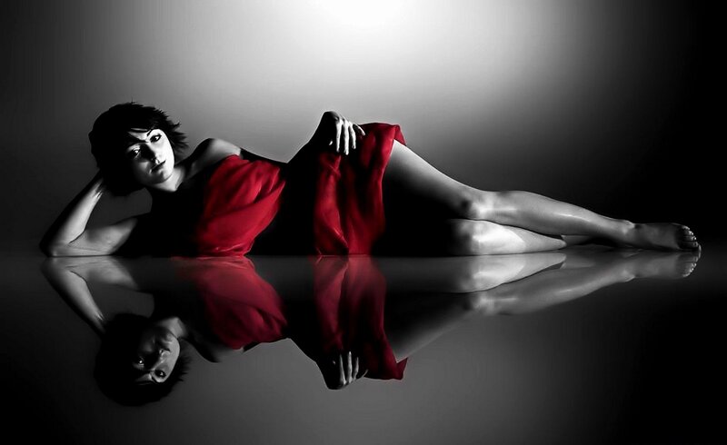 Woman in Red Dress — Dramatic, Photograph, Reflection