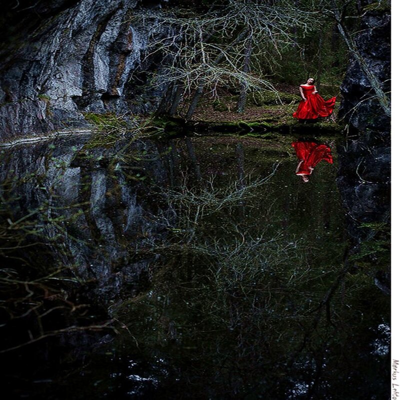 Woman in Red Dress — Dramatic, Photograph, River