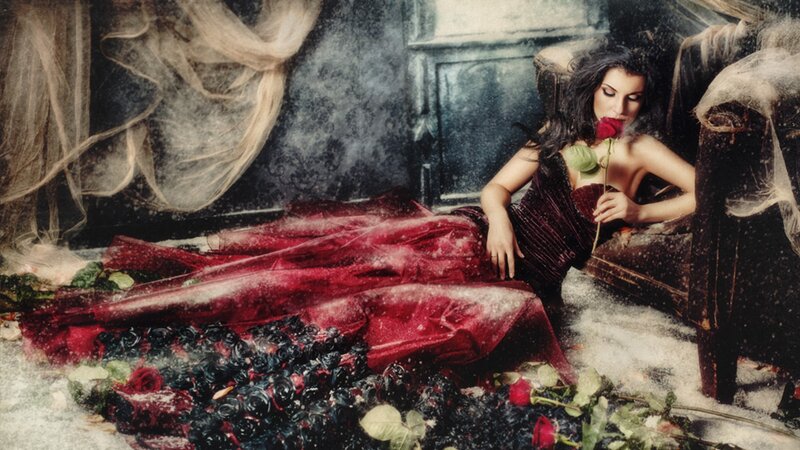 Woman in Red Dress — Dramatic, Photograph, Rose, Couch