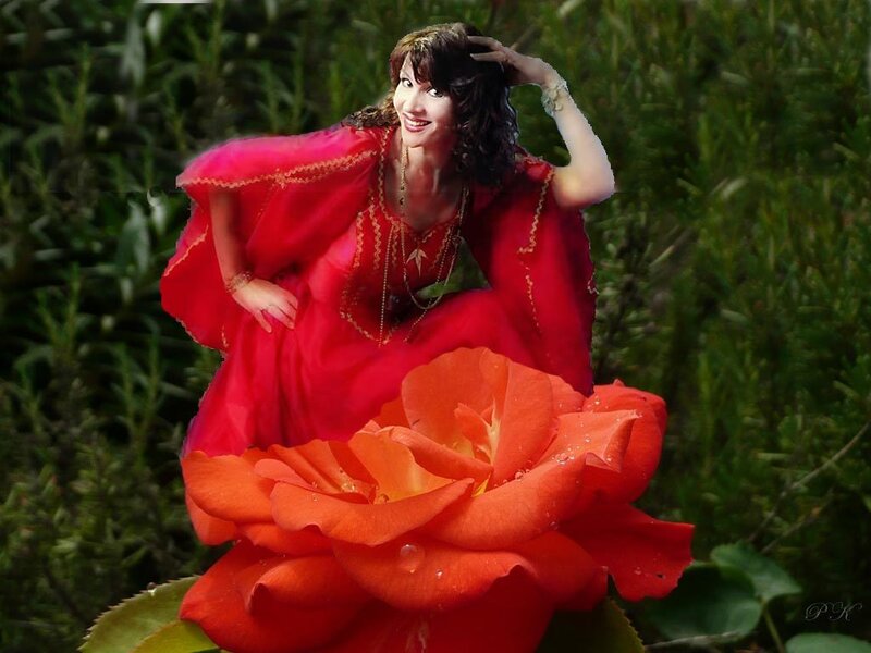 Woman in Red Dress — Dramatic, Photograph, Rose, Greenery