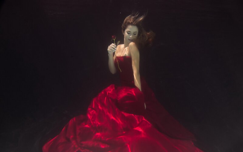 Woman in Red Dress — Dramatic, Photograph, Rose, Underwater