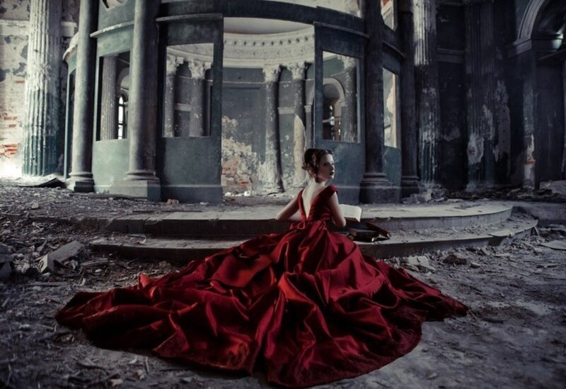 Woman in Red Dress — Dramatic, Photograph, Ruins