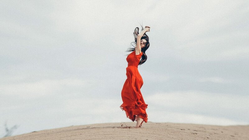 Woman in Red Dress — Dramatic, Photograph, Sand Dune
