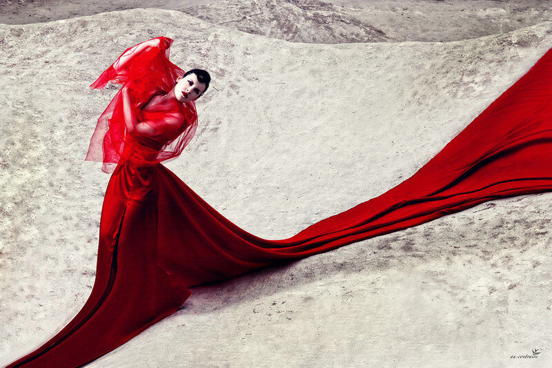 Woman in Red Dress — Dramatic, Photograph, Sand Dunes