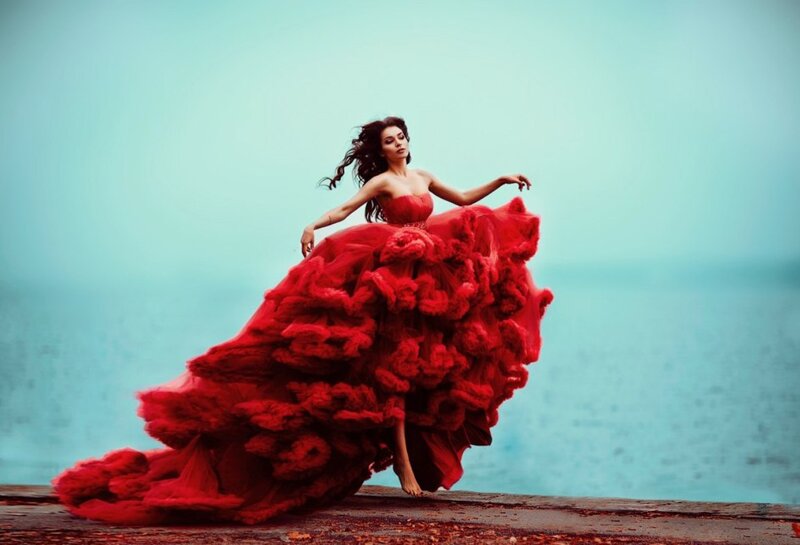 Woman in Red Dress — Dramatic, Photograph, Sea