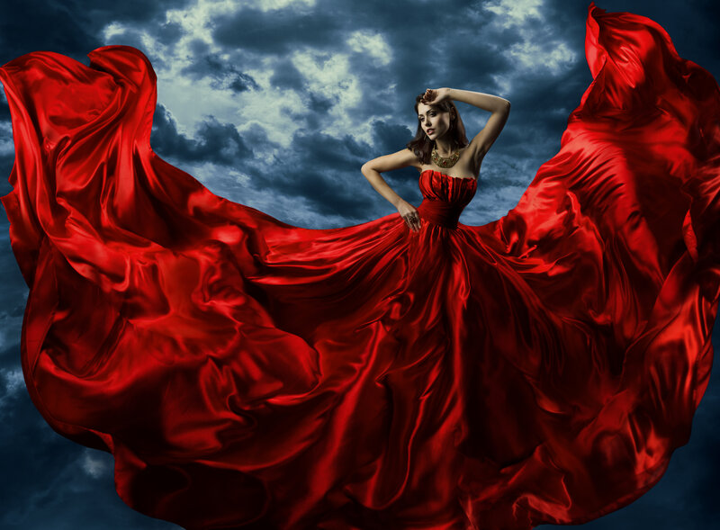Woman in Red Dress — Dramatic, Photograph, Sky, Clouds