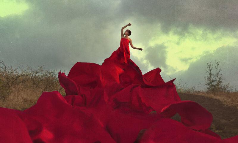 Woman in Red Dress — Dramatic, Photograph, Sky, Field