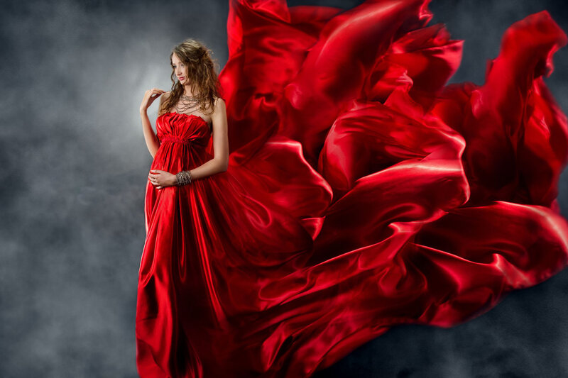 Woman in Red Dress — Dramatic, Photograph, Smoke, Necklace