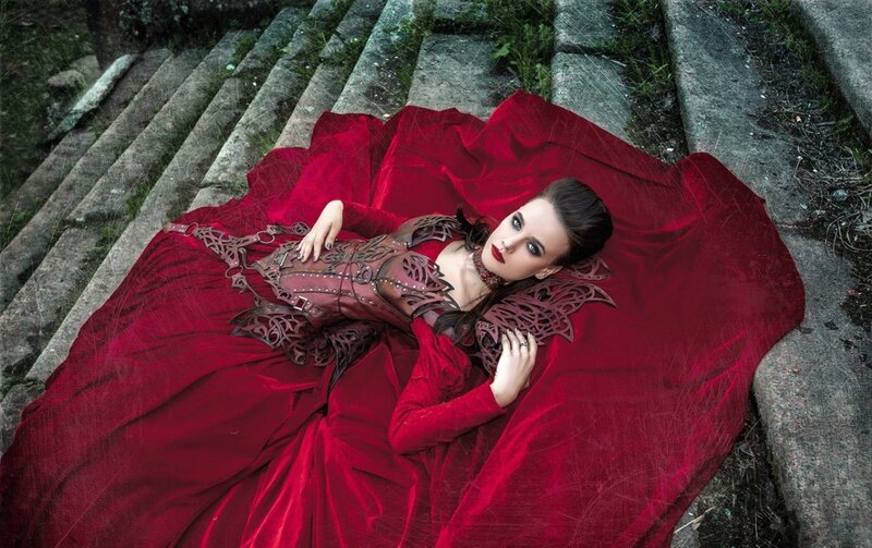 Woman in Red Dress — Dramatic, Photograph, Stairs, Stone