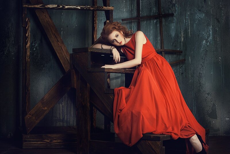 Woman in Red Dress — Dramatic, Photograph, Stairs, Wall