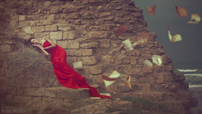 Woman in Red Dress — Dramatic, Photograph, Stone Wall, Books