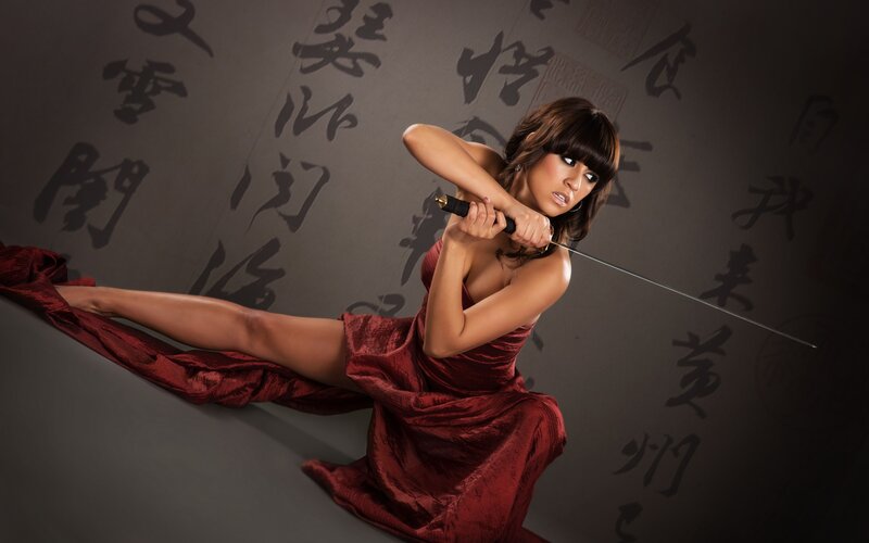 Woman in Red Dress — Dramatic, Photograph, Sword, Calligraphy, Black