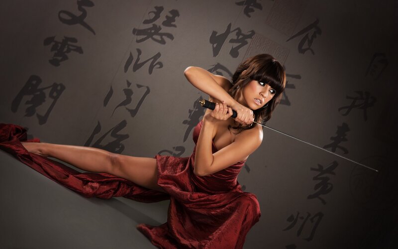 Woman in Red Dress — Dramatic, Photograph, Sword, Calligraphy