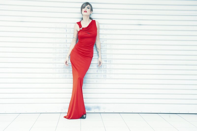 Woman in Red Dress — Dramatic, Photograph, Tattoo, Wall