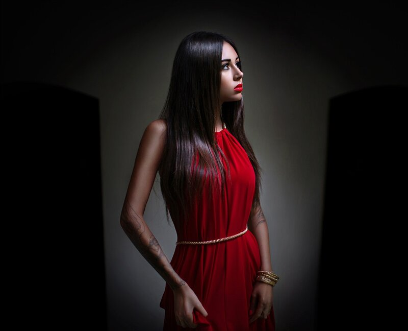 Woman in Red Dress — Dramatic, Photograph, Tattoos