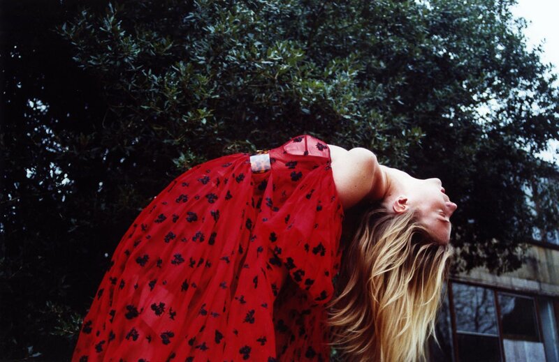 Woman in Red Dress — Dramatic, Photograph, Tree, Building