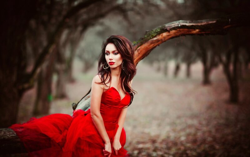 Woman in Red Dress — Dramatic, Photograph, Tree, Forest