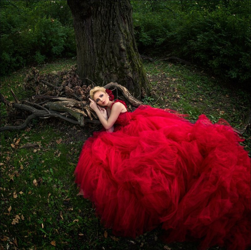 Woman in Red Dress — Dramatic, Photograph, Tree