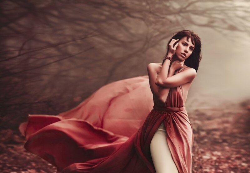 Woman in Red Dress — Dramatic, Photograph, Trees