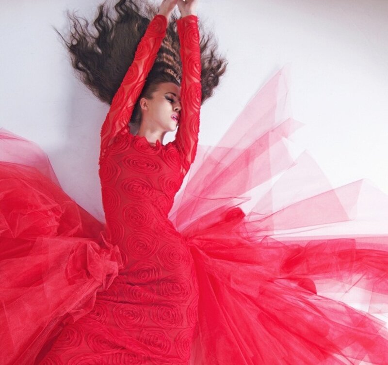 Woman in Red Dress — Dramatic, Photograph, Tulle