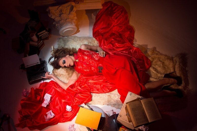 Woman in Red Dress — Dramatic, Photograph, Typewriter