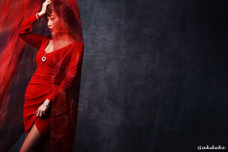 Woman in Red Dress — Dramatic, Photograph, Veil, Necklace, Bracelet