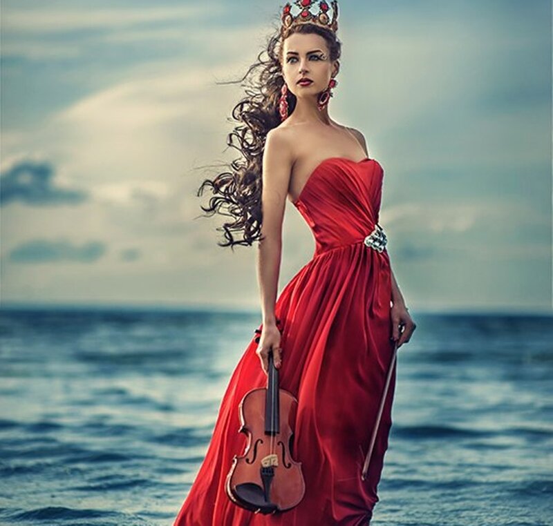 Woman in Red Dress — Dramatic, Photograph, Violin, Crown