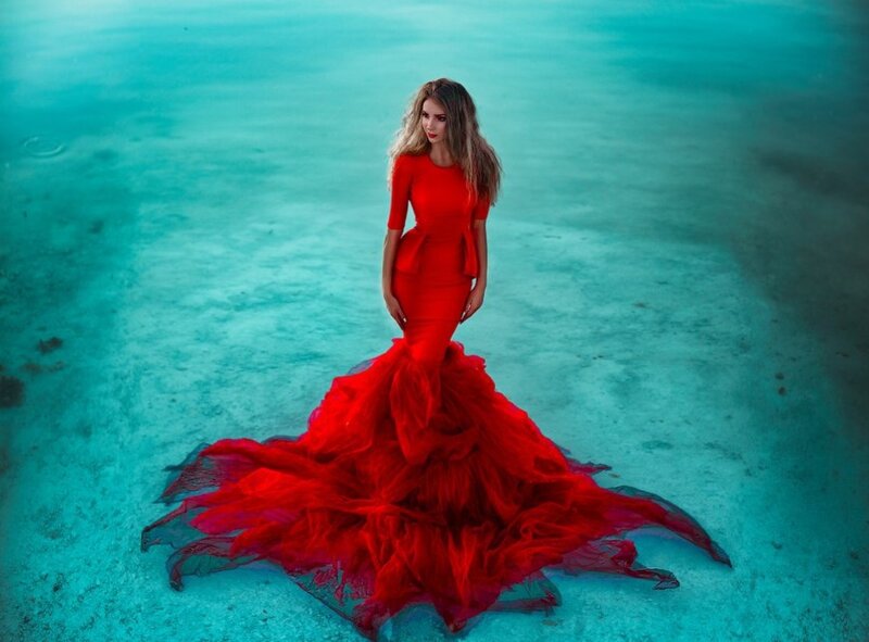 Woman in Red Dress — Dramatic, Photograph, Water, Sand