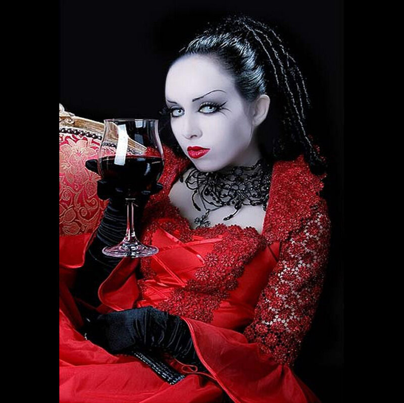 Woman in Red Dress — Dramatic, Photograph, Wine Glass, Black Gloves