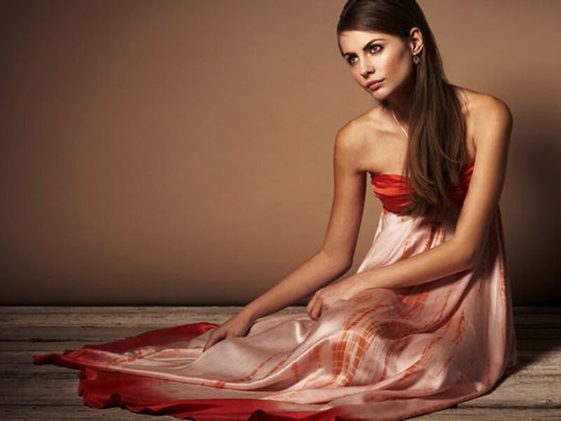 Woman in Red Dress — Dramatic, Photograph, Wood Floor, Wall