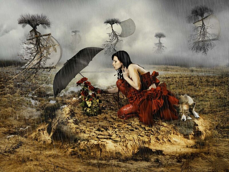 Woman in Red Dress — Dramatic, Rainy Day